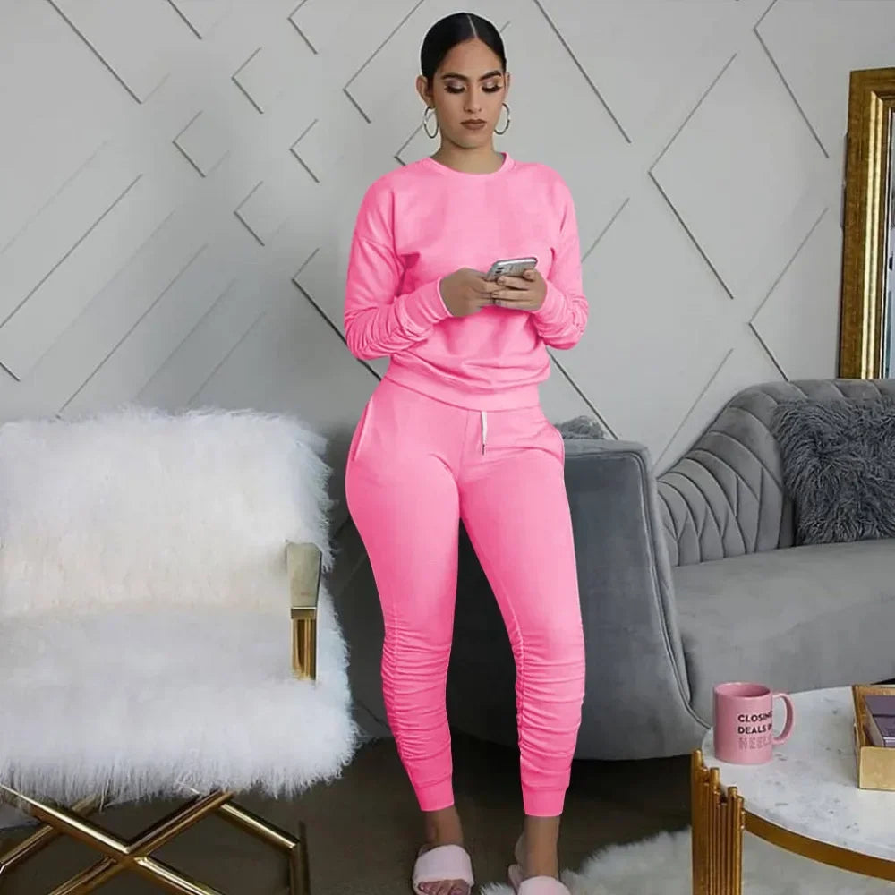 Women’s Slim Fit Long Sleeve Two Piece Set – Casual Warm Top & Elastic Waist Pants Outfit