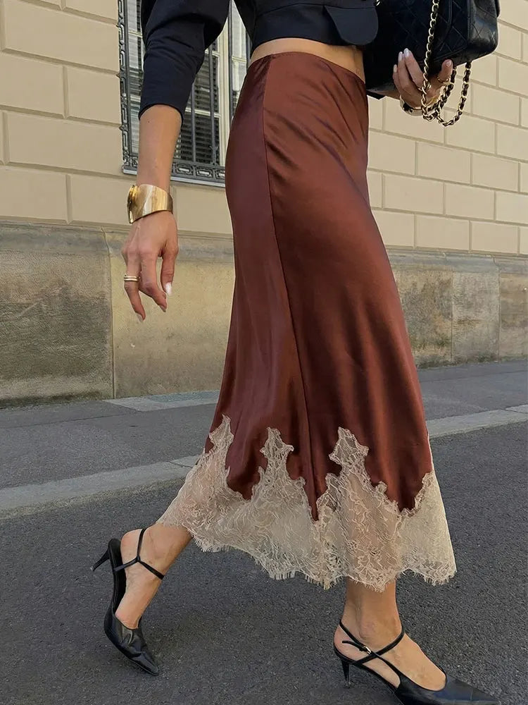 Women's Elegant Patchwork Lace Hem Midi Skirt High Waist Slim Fit Zipper Side Elegant Fashion Spring Summer Trend