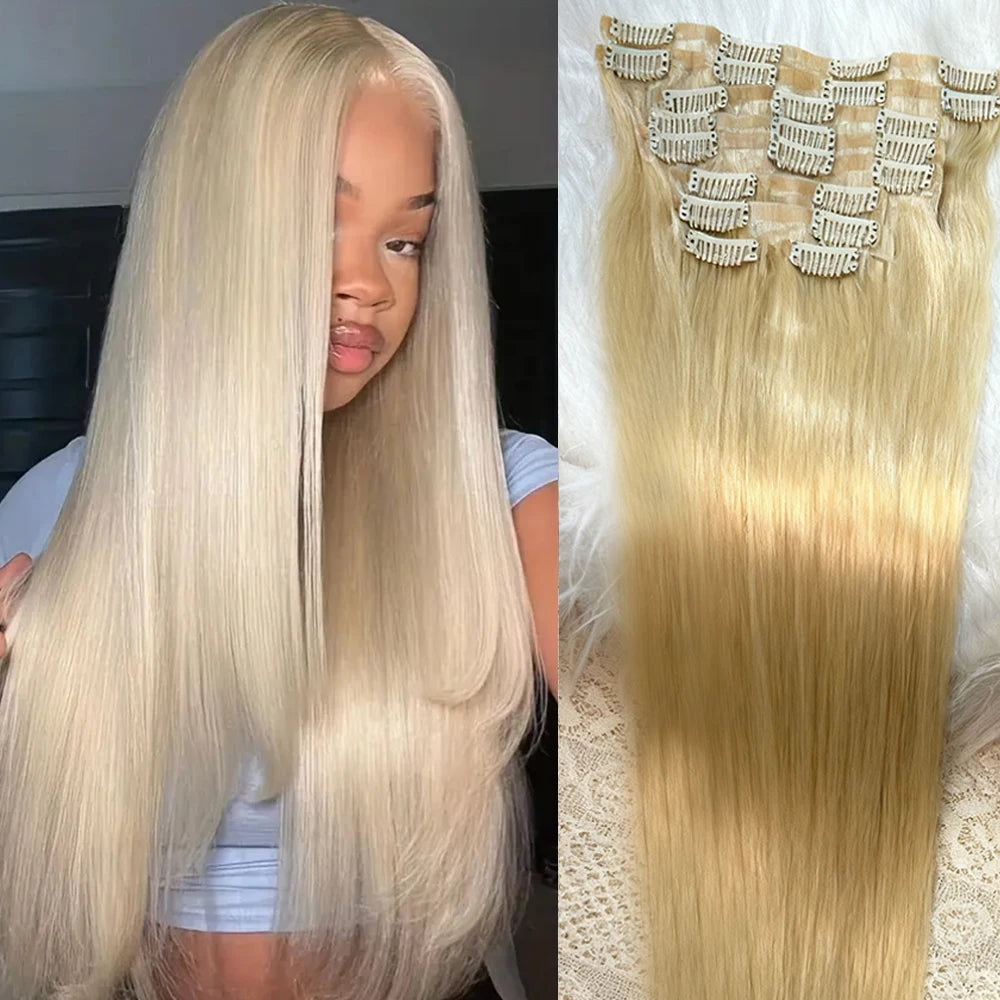 16 18 Inch Clip In Hair Extensions Real Human Hair Colored 613 Honey Blonde Clip Ins With Bangs Double Weft Invisible Hair Extension On Sale