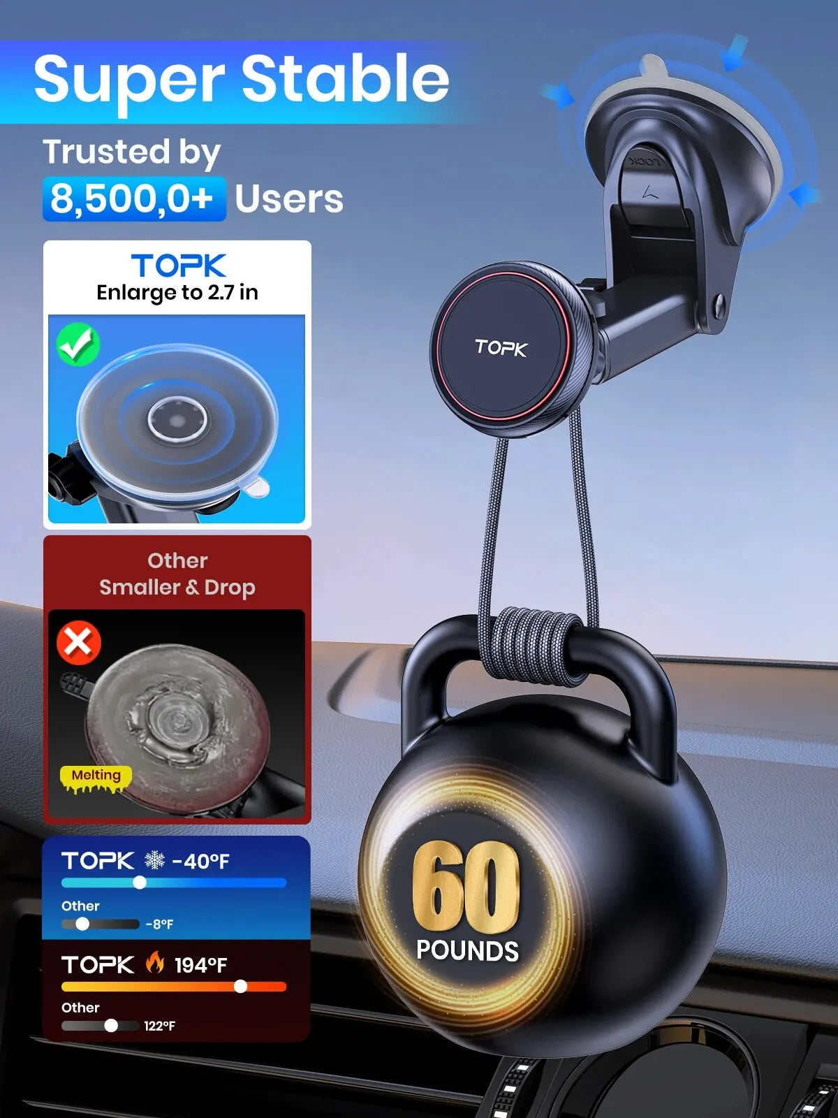 TOPK Magnetic Car Phone Mount; N52 Strong Magnet Dashboard Windshield Suction Cup Car Phone Holder Adjustable Telescopic Arm