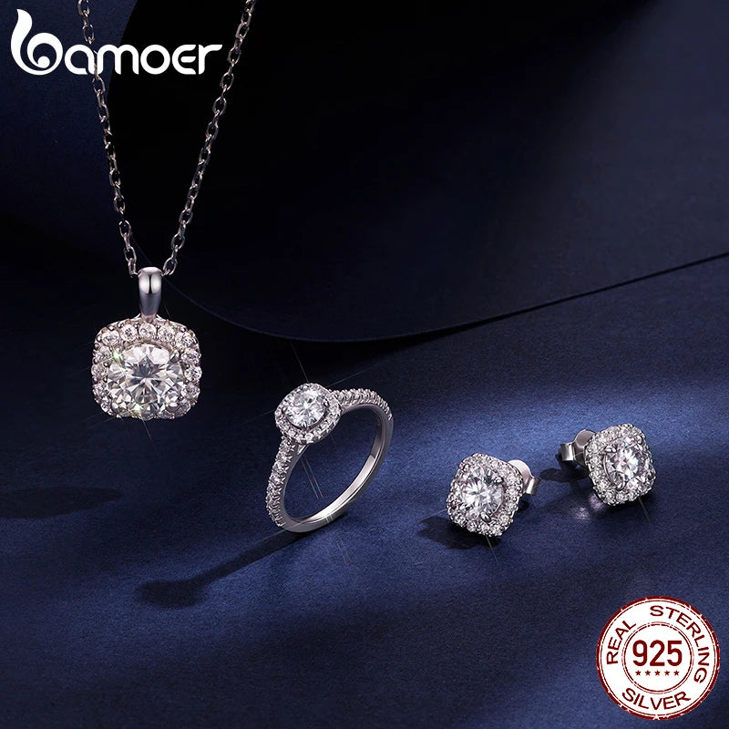 Necklace Stud Earrings 925 Sterling Silver Square Cut Diamond Wedding Engagement Jewelry Set