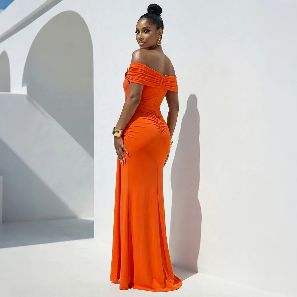 Women Slash Neck Ribbon Short Sleeve Long Maxi Dress Summer Street Evening Birthday Party Sexy Dresses