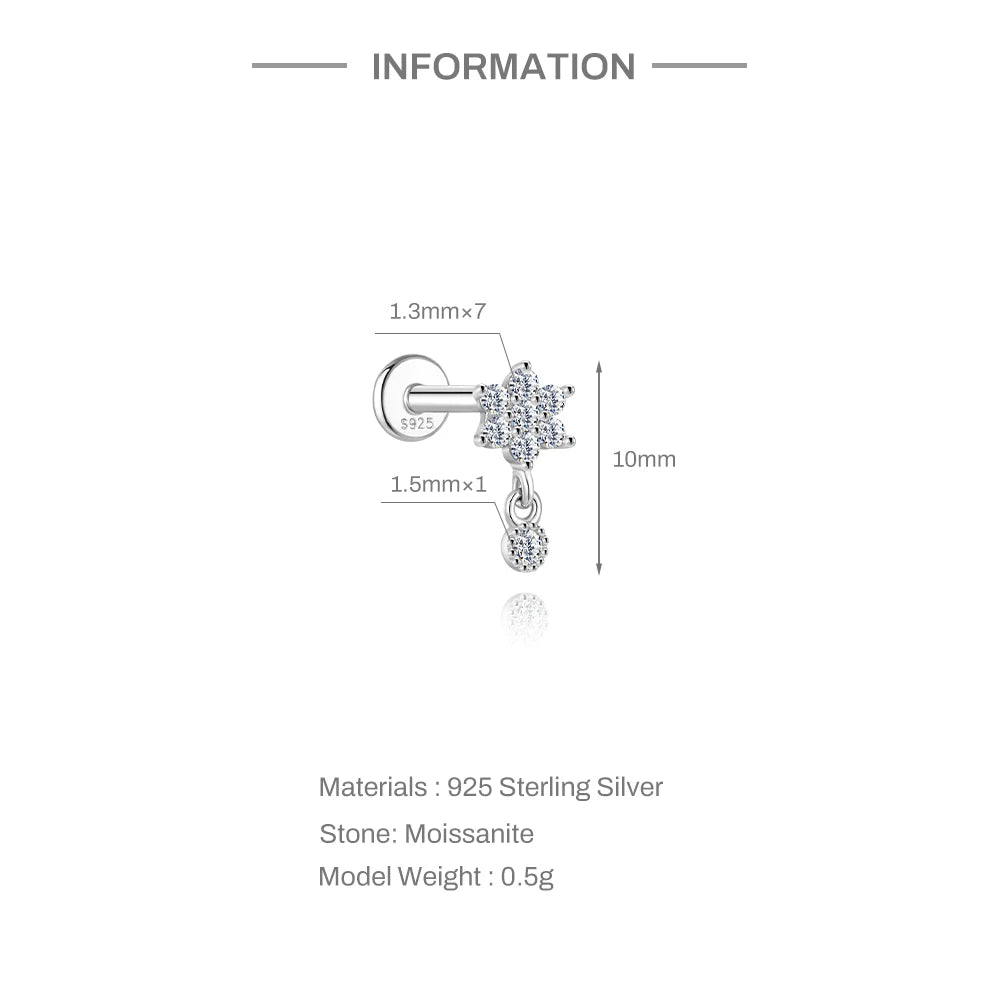 CANNER 1PC Flower Moissanite 925 Sterling Silver Piercing Ear Stud For Women Love Eight-pointed star Stud Earrings Fine Jewelry