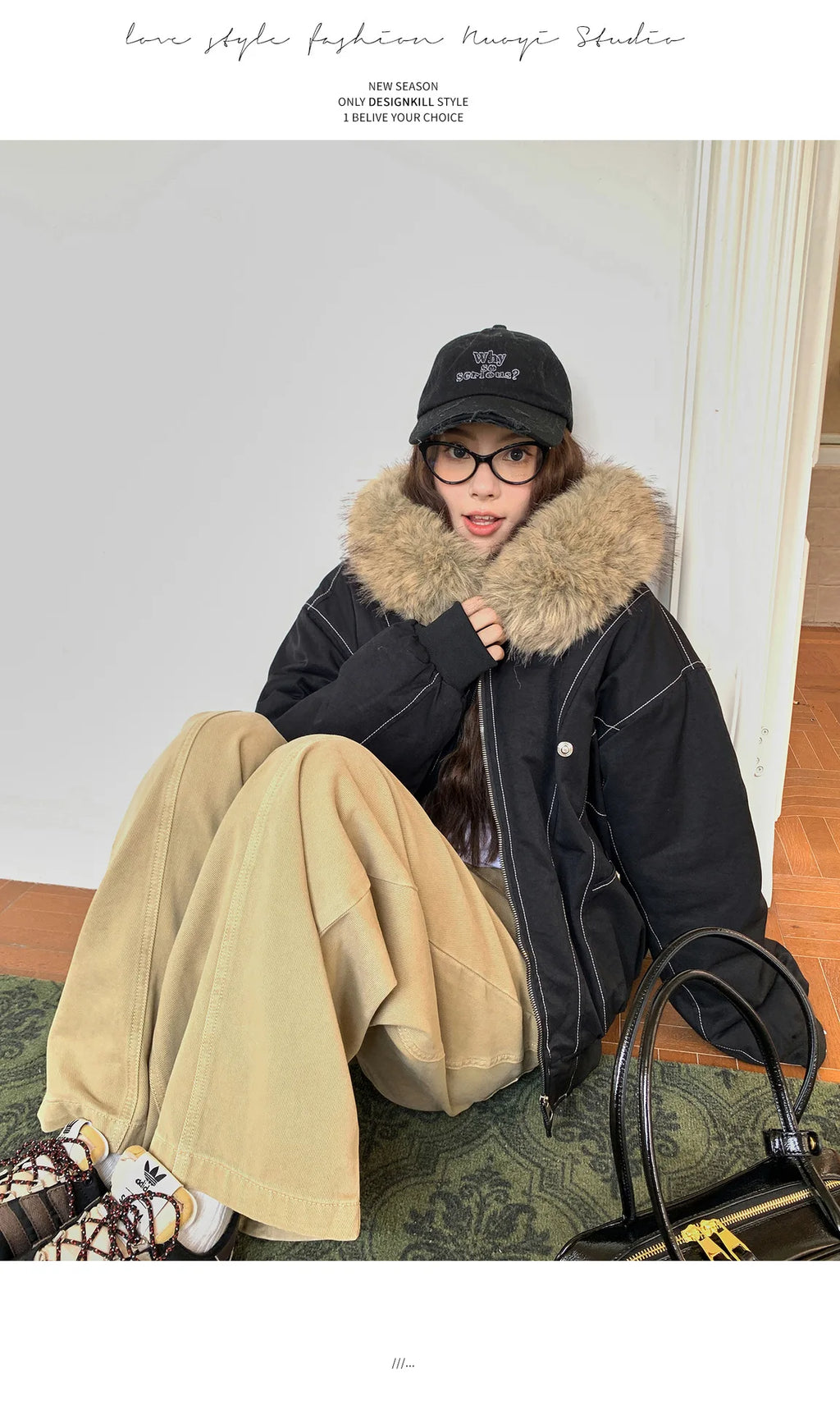 Women Short Parkas Coat Solid Jacket Big Fur Collar Hooded Zipper Pocket Long Sleeve Loose Casual Office Lady 2025 Autumn Winter