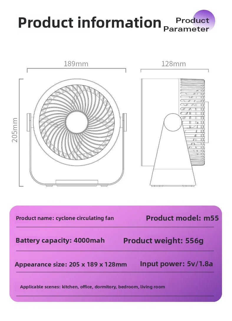 Portable Rechargeable Electric Fan Circulator – Quiet Wireless Desktop Cooling Fan for Home & Office