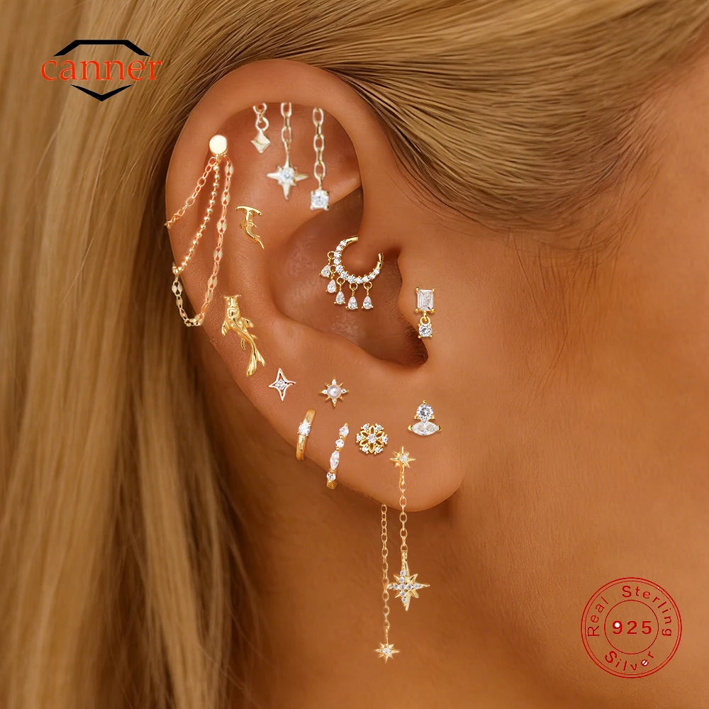 CANNER 1PC 925 Sterling Silver Eight-pointed Star CZ Piercing Earring For Women Ins Tassel Chain Earring Goldfish Jewelry Gift