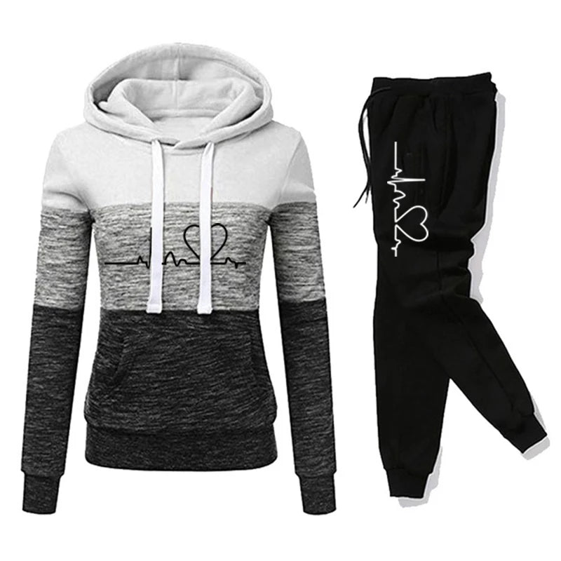 Women Tracksuit Printing Hooded Sweatshirt Sweat pant Color Block Versatile Casual Jogging Pullovers Sport Trousers Outfits