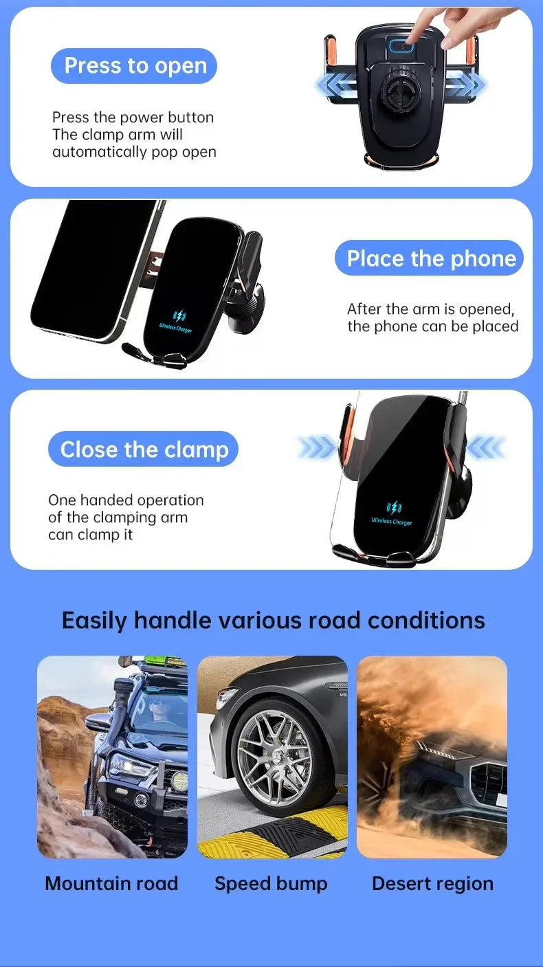 Fast Charge Wireless Car Charger with Manual Clamping Air Vent Mount for Samsung Android & iPhone 16 15 14 13 - Type C Qi Certified