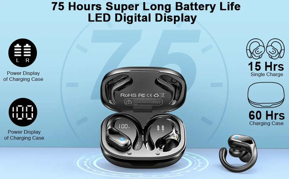 Bluetooth 5.3 Earphones IP7 Waterproof Wireless Headphones ENC Noise Cancelling Mic Deep Bass for Sports Workout Gym TWS In-Ear