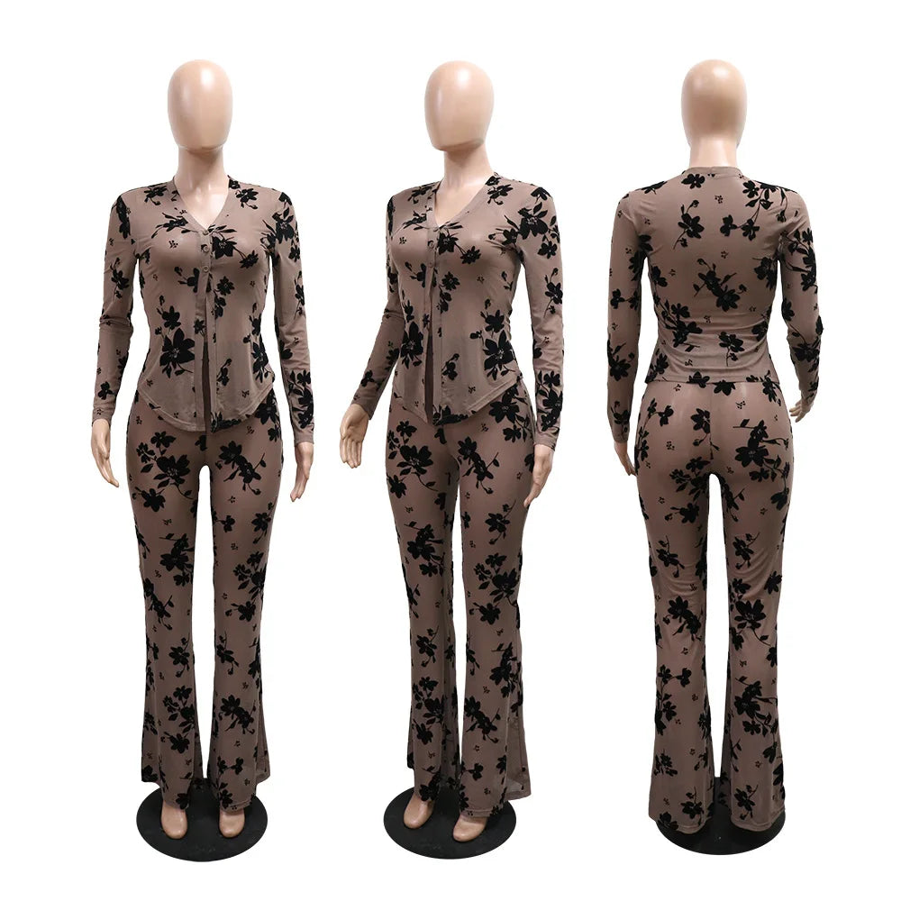 Two 2 Piece Set Women Outfits Summer Long Sleeve Shirt and Staight Pants Suit Chic Fashion Tracksuit