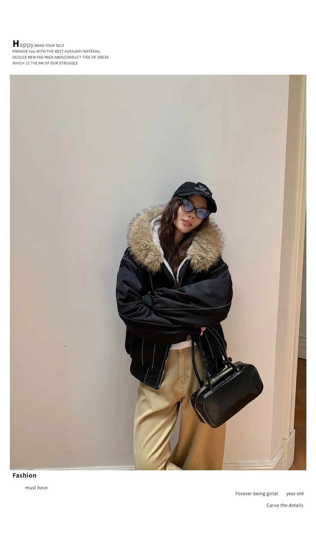 Women Short Parkas Coat Solid Jacket Big Fur Collar Hooded Zipper Pocket Long Sleeve Loose Casual Office Lady 2025 Autumn Winter