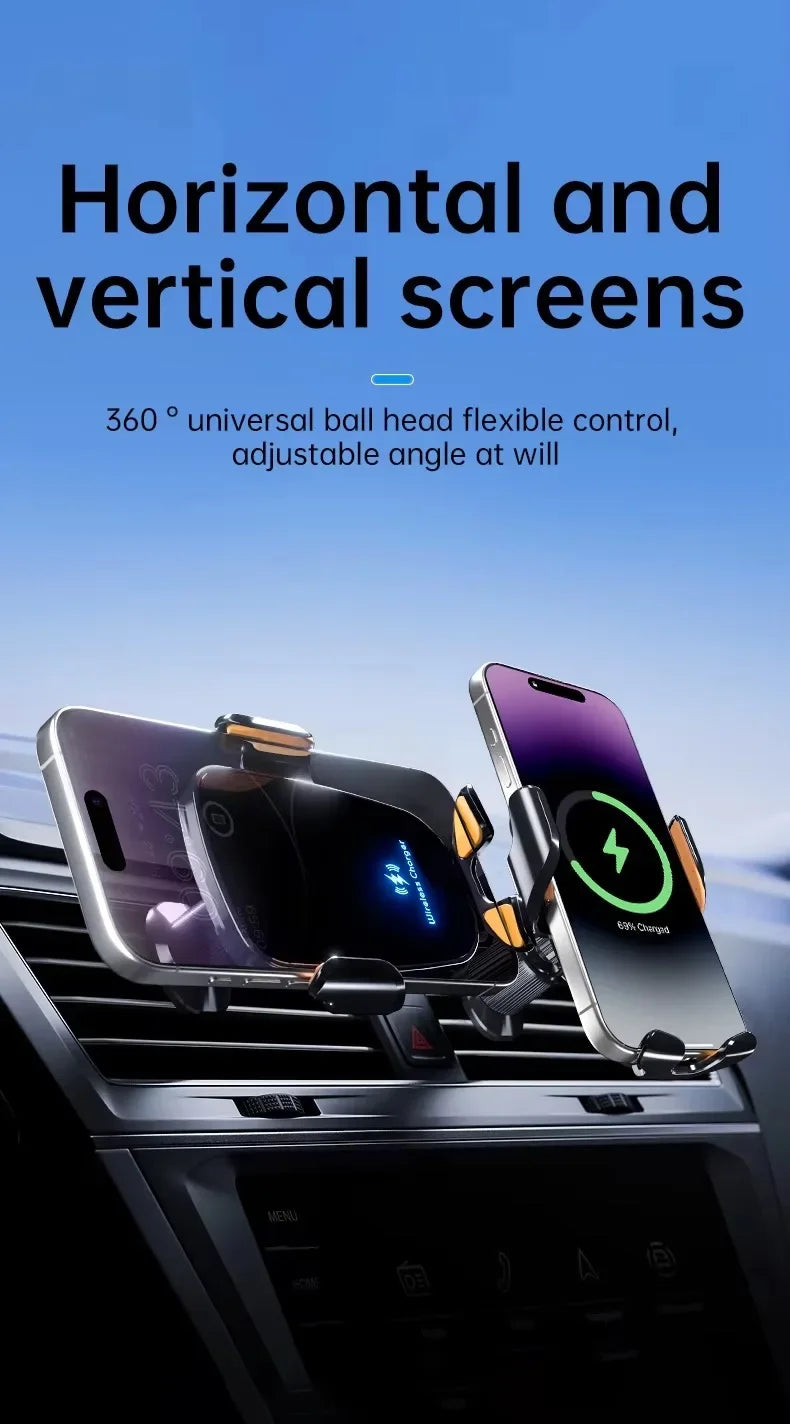 Fast Charge Wireless Car Charger with Manual Clamping Air Vent Mount for Samsung Android & iPhone 16 15 14 13 - Type C Qi Certified