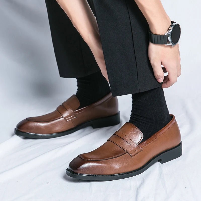 Fashion Penny Loafers Leather Men Shoes Simple Pointed Toe Slip On Dress Business Suit Casual Party Wedding Shoes For Man Brown