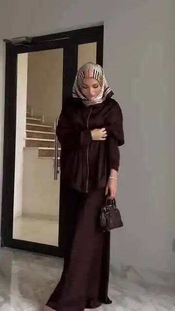 Muslim Dress Satin 2 Piece Set Women Party Abaya Musulman Ensembles Arab Long Robe Dubai Kaftan Vestidos Jalabiya Ramadan Eid
