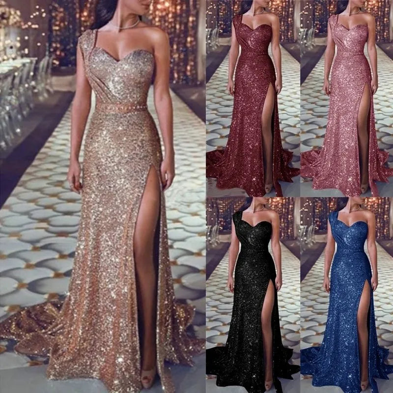 Women's Wedding Party Dress Evening Elegant Sexy Deep V Neck One Shoulder Sleeveless Sequined Long Maxi Dresses For Women