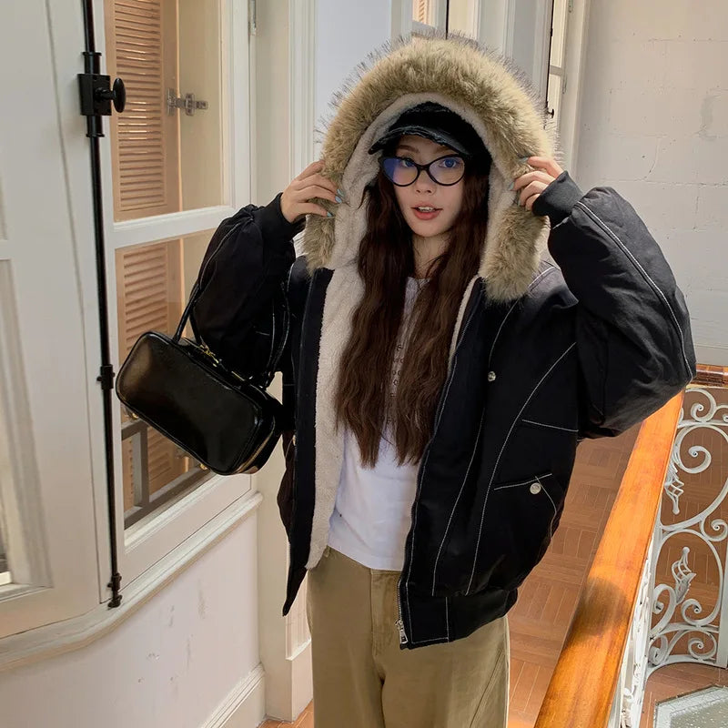 Women Short Parkas Coat Solid Jacket Big Fur Collar Hooded Zipper Pocket Long Sleeve Loose Casual Office Lady 2025 Autumn Winter