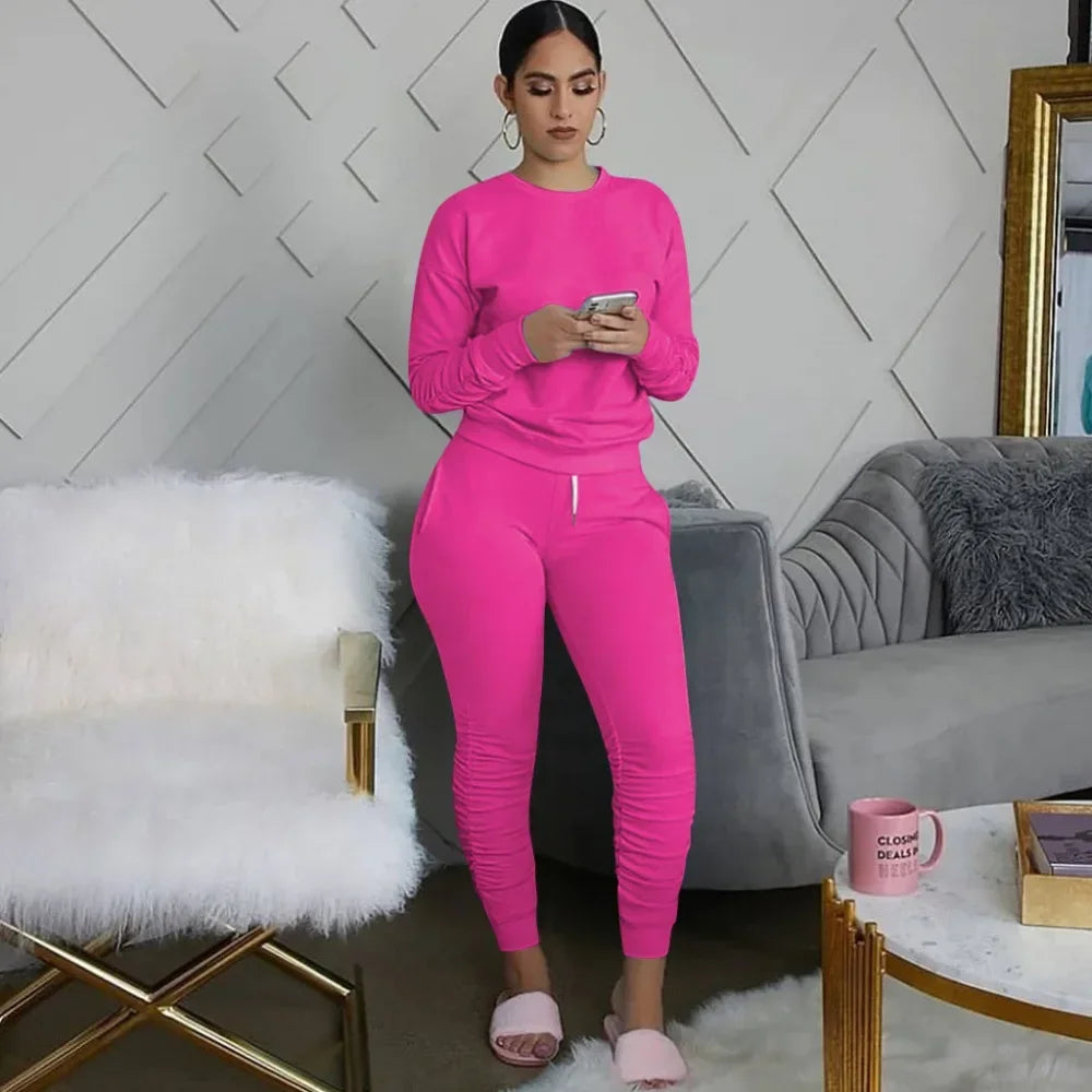 Women’s Slim Fit Long Sleeve Two Piece Set – Casual Warm Top & Elastic Waist Pants Outfit