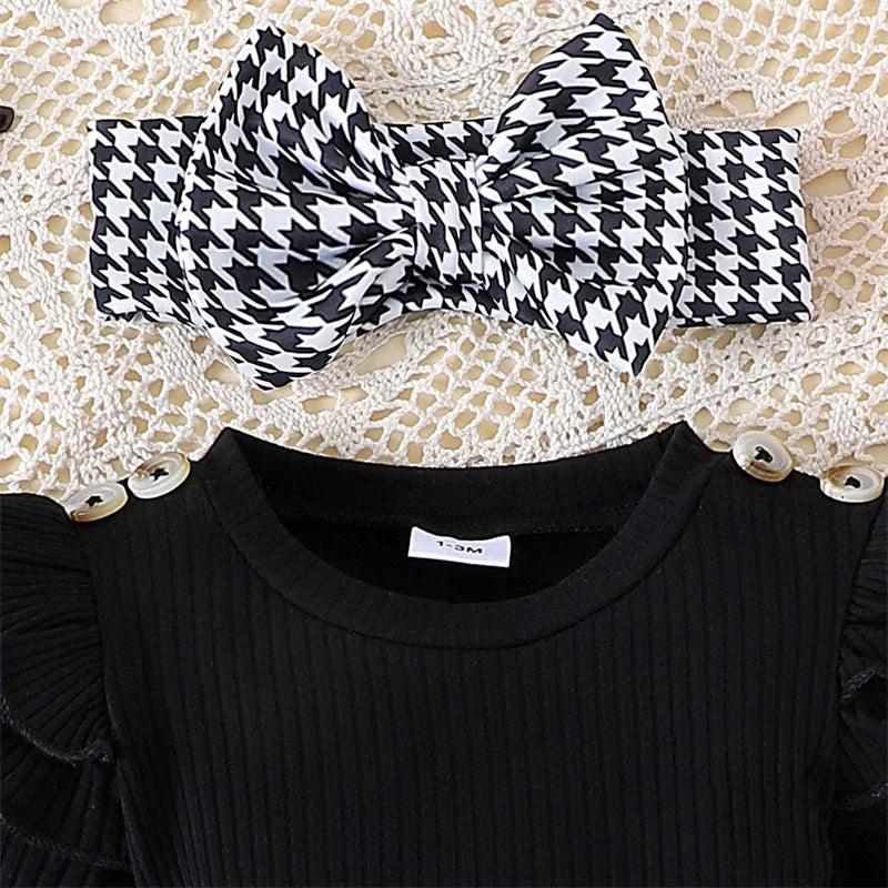Baby Girl Spring Outfits Long Sleeve Houndstooth Print Romper Dress with Headband and Long Socks