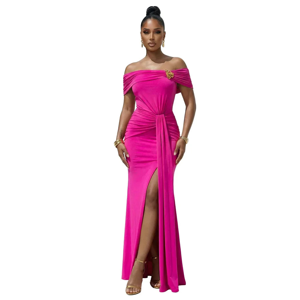 Women Slash Neck Ribbon Short Sleeve Long Maxi Dress Summer Street Evening Birthday Party Sexy Dresses