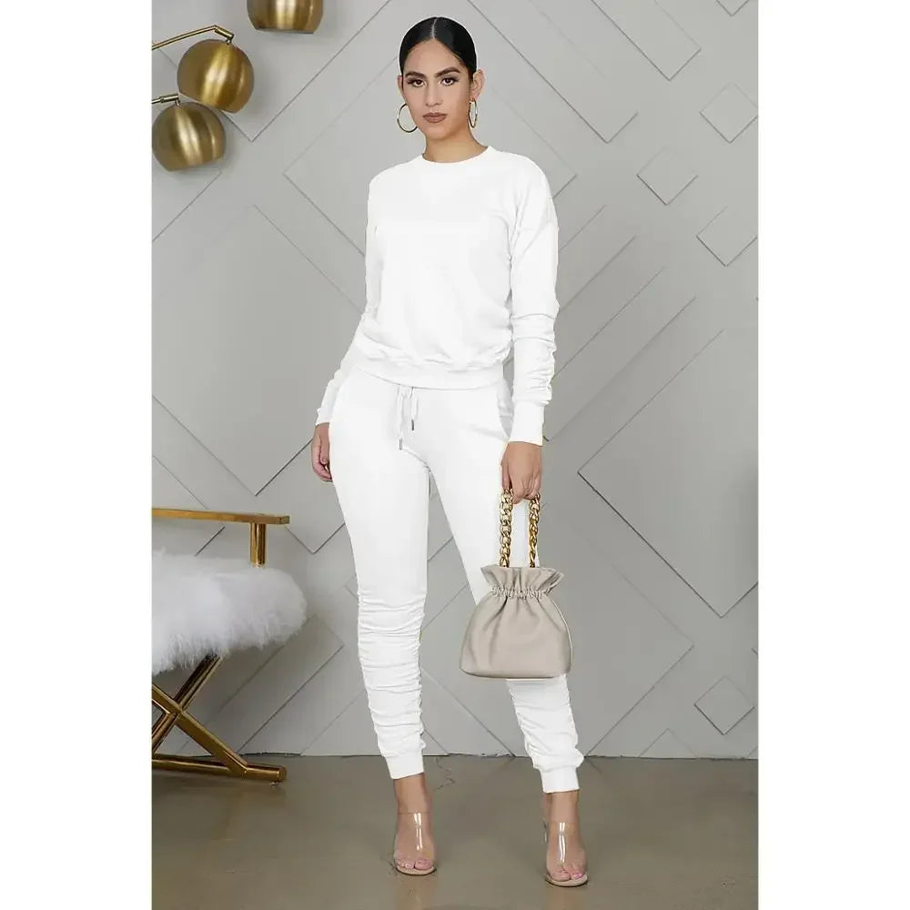Women’s Slim Fit Long Sleeve Two Piece Set – Casual Warm Top & Elastic Waist Pants Outfit
