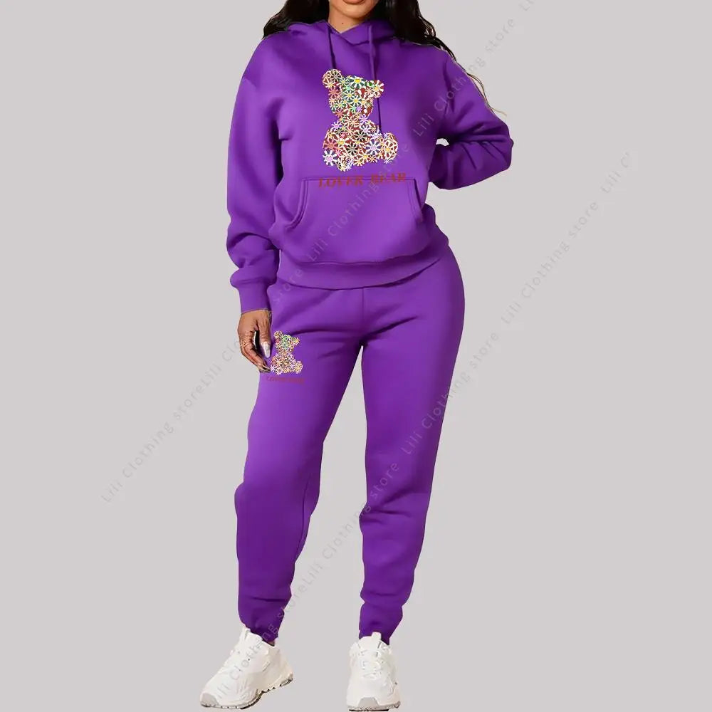 Women’s Hoodie and Sweatpants Set Casual Tracksuit Bear Graphic Outfit