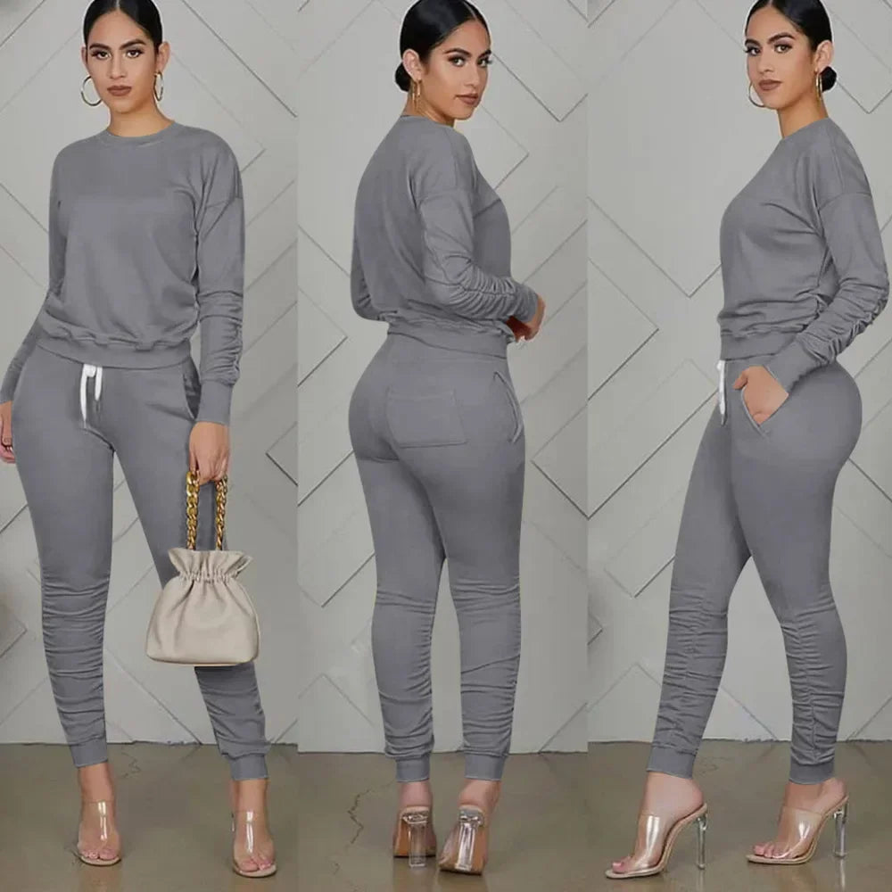 Women’s Slim Fit Long Sleeve Two Piece Set – Casual Warm Top & Elastic Waist Pants Outfit