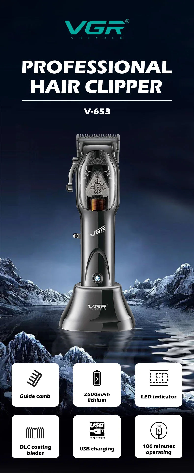 Original VGR Hair Trimmer Cordless Hair Clipper Electric Hair Clipper Professional Hair Clipper Men's Hair Clipper V-653