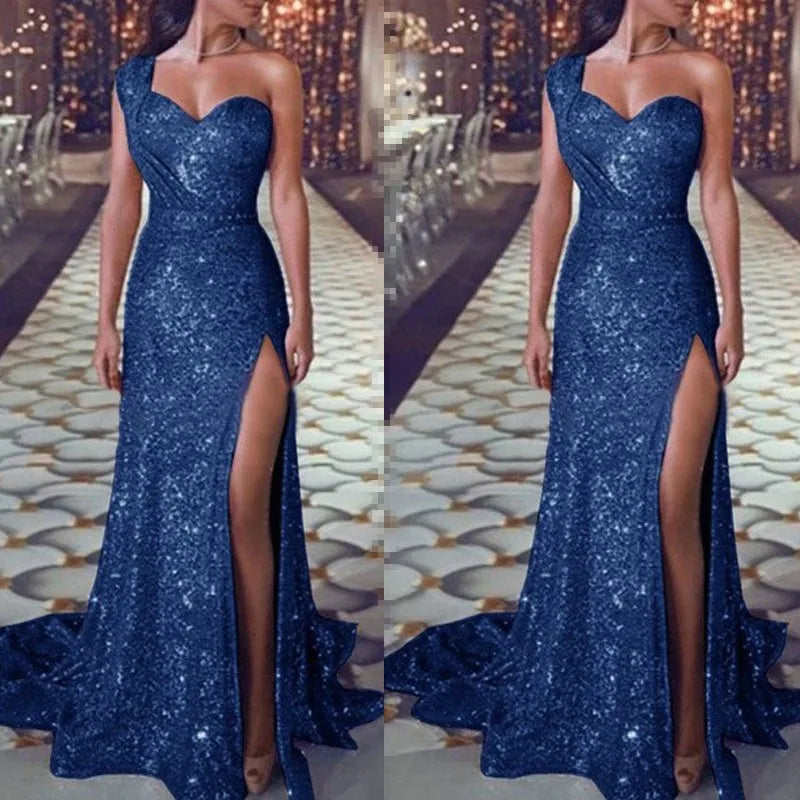 Women's Wedding Party Dress Evening Elegant Sexy Deep V Neck One Shoulder Sleeveless Sequined Long Maxi Dresses For Women