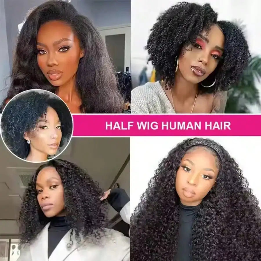 200 Density 3-In-1 Jerry Curly Half Wig Human Hair eamless Flip Over Half Wig Human Hair Glueless Wear And Go Drawstring HeadbW