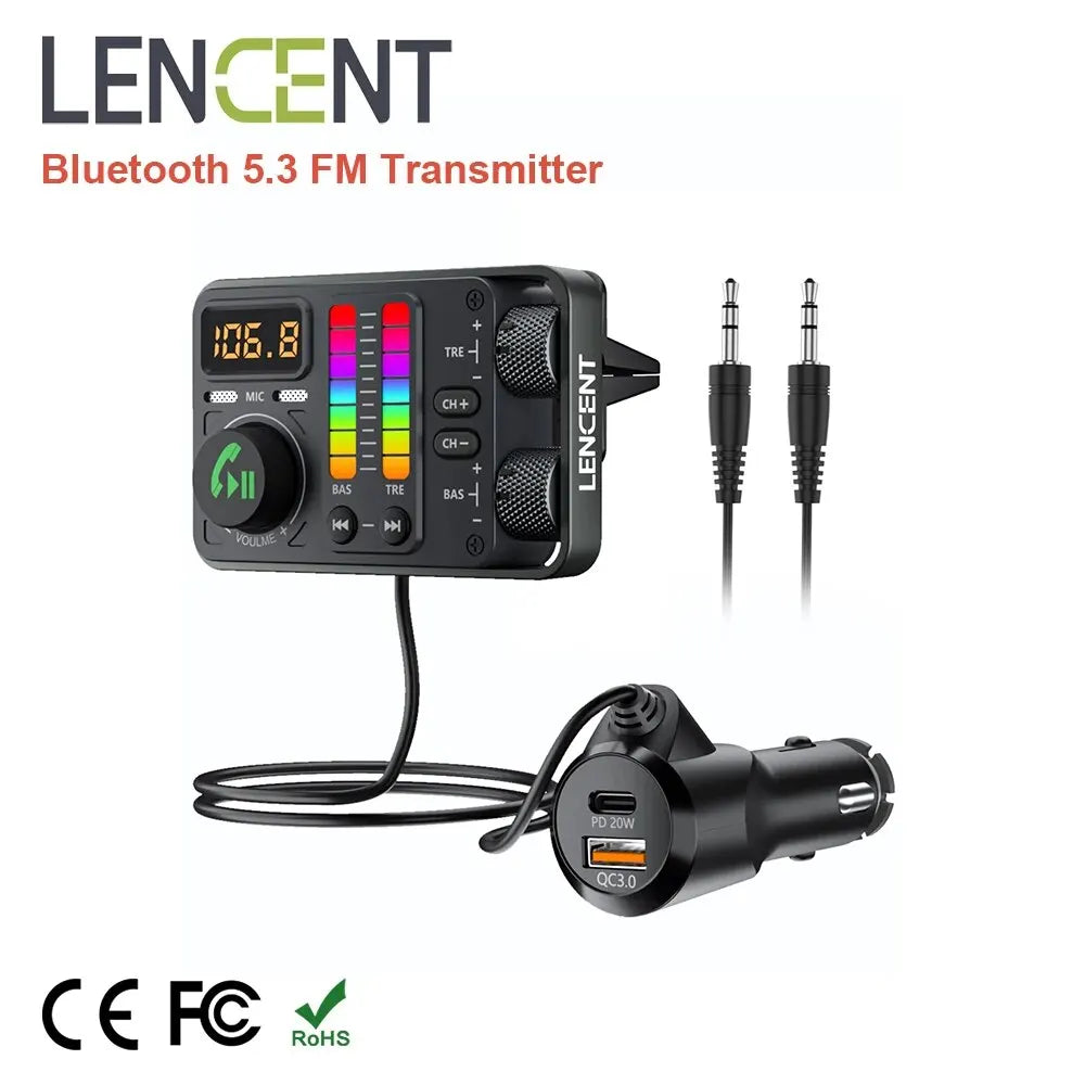 Bluetooth 5.3 Car FM Transmitter, Hi-Fi Treble & Bass Music Player, PD20W QC18W Fast Car Charger, Radio Bluetooth Car Ad