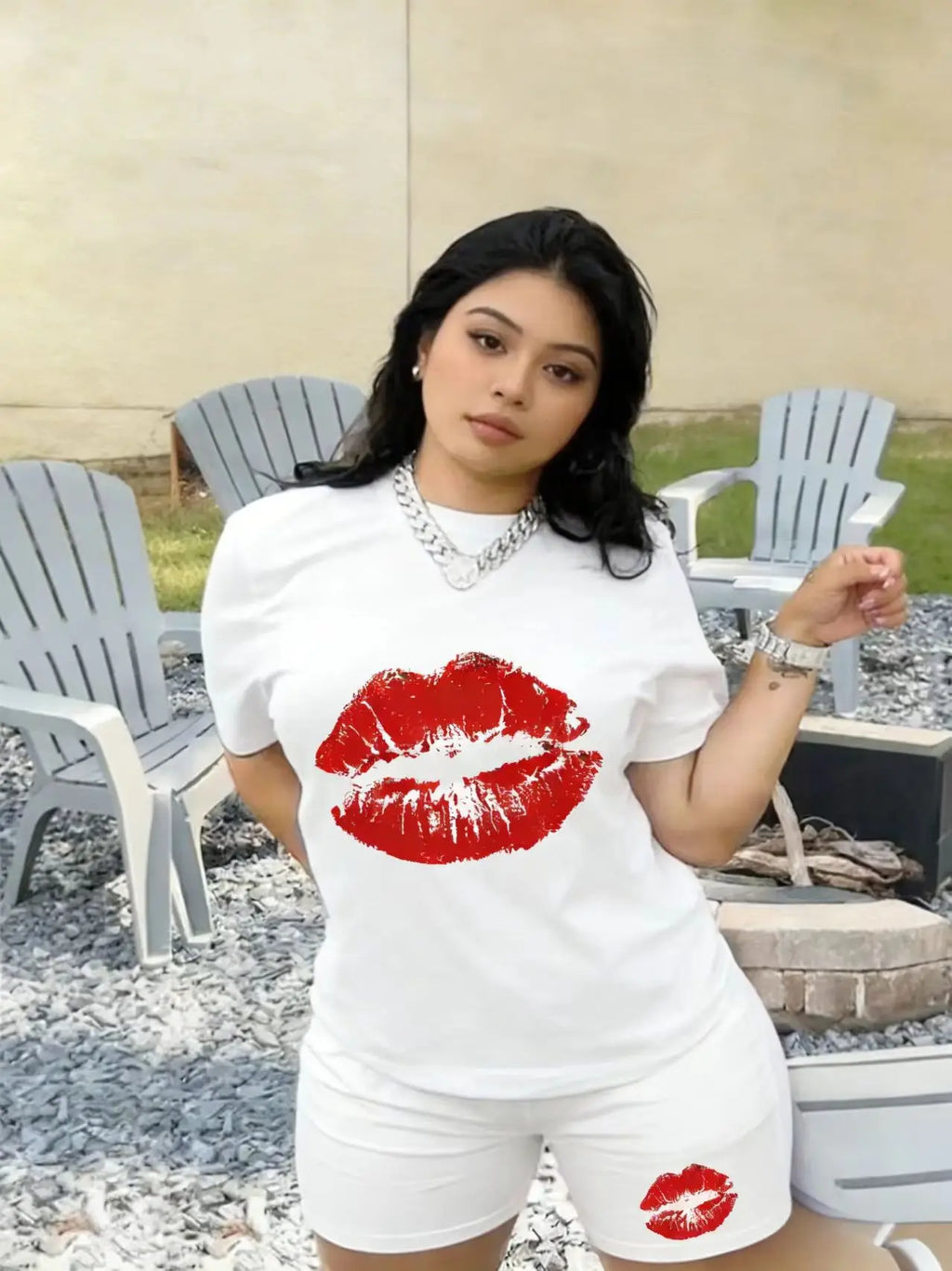 Women's 2-Piece Pajama Set Summer Short Sleeve T-Shirt & Shorts Red Lip Print Soft Cotton Loungewear Sleepwear