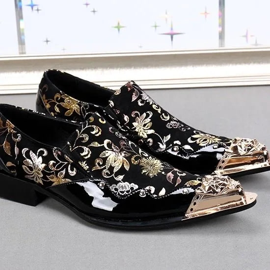 Men's Shoes Italian Style Pointed Metal Toe Leather Dress Shoes Men Slip on Oxfords Shoes for Men's Party and Wedding