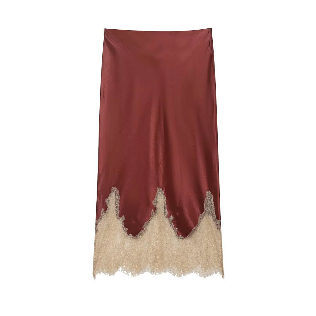 Women's Elegant Patchwork Lace Hem Midi Skirt High Waist Slim Fit Zipper Side Elegant Fashion Spring Summer Trend