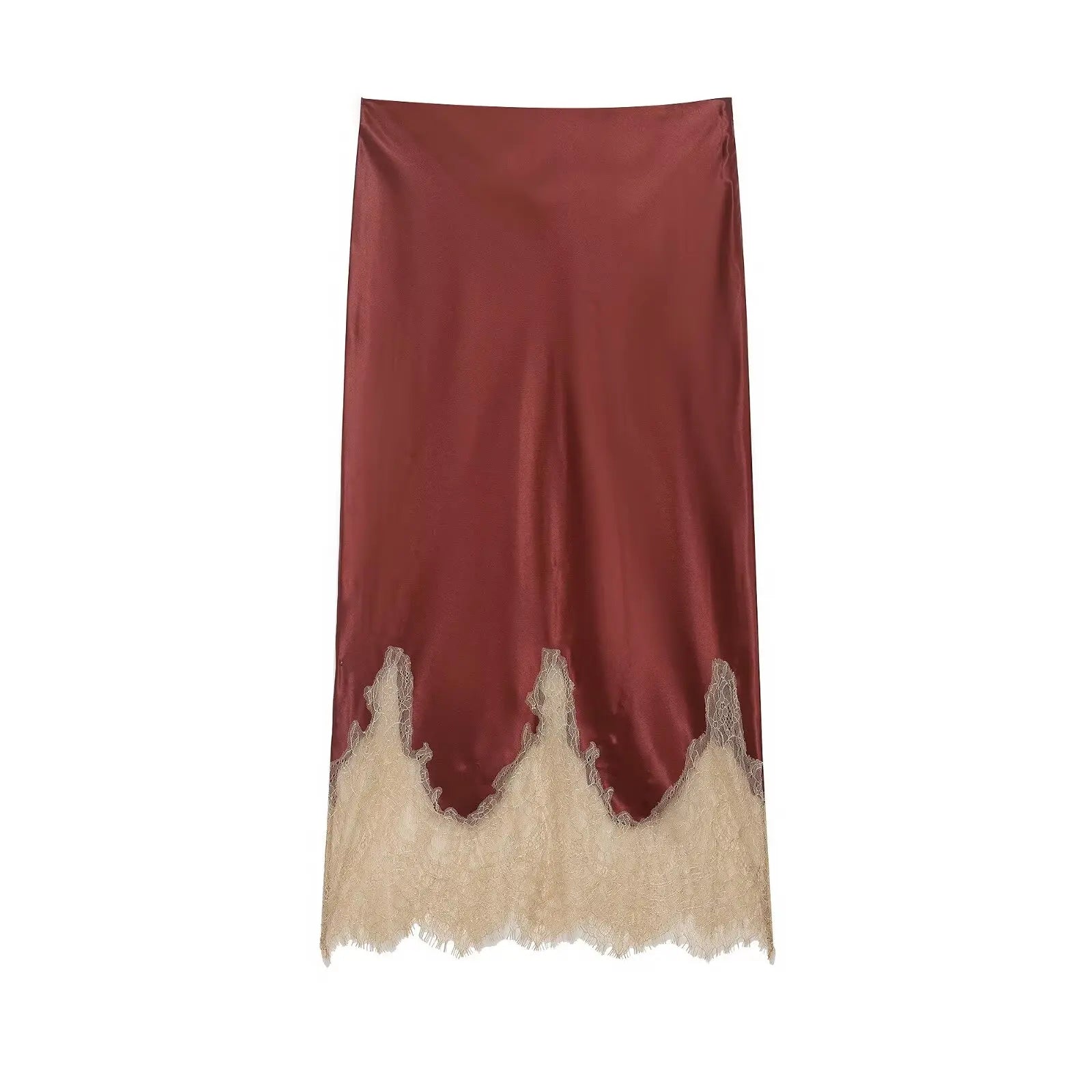 Women's Elegant Patchwork Lace Hem Midi Skirt High Waist Slim Fit Zipper Side Elegant Fashion Spring Summer Trend
