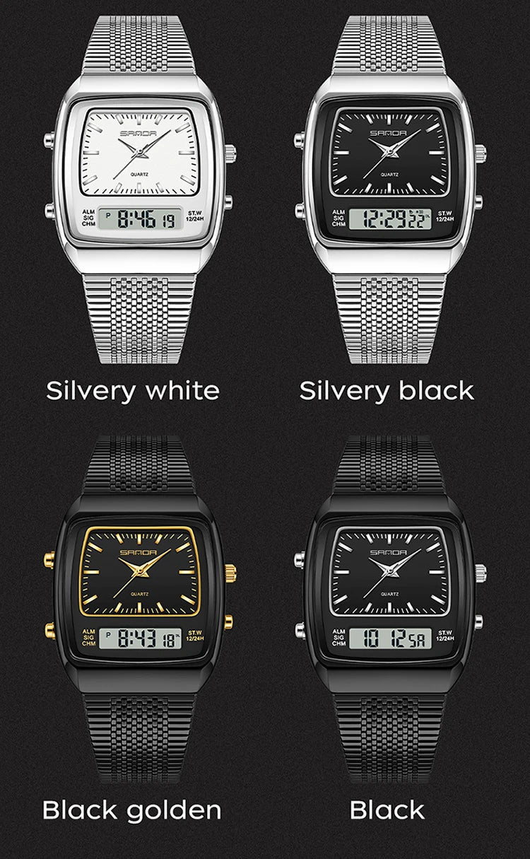 SANDA 3393 Men's Electronic Quartz Watch Fashion Multifunction Dual Display Clock Luminous Waterproof Casual Men Digital Watches