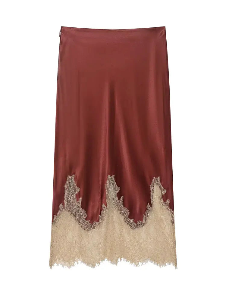 Women's Elegant Patchwork Lace Hem Midi Skirt High Waist Slim Fit Zipper Side Elegant Fashion Spring Summer Trend
