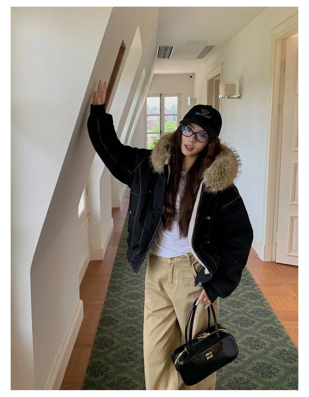 Women Short Parkas Coat Solid Jacket Big Fur Collar Hooded Zipper Pocket Long Sleeve Loose Casual Office Lady 2025 Autumn Winter