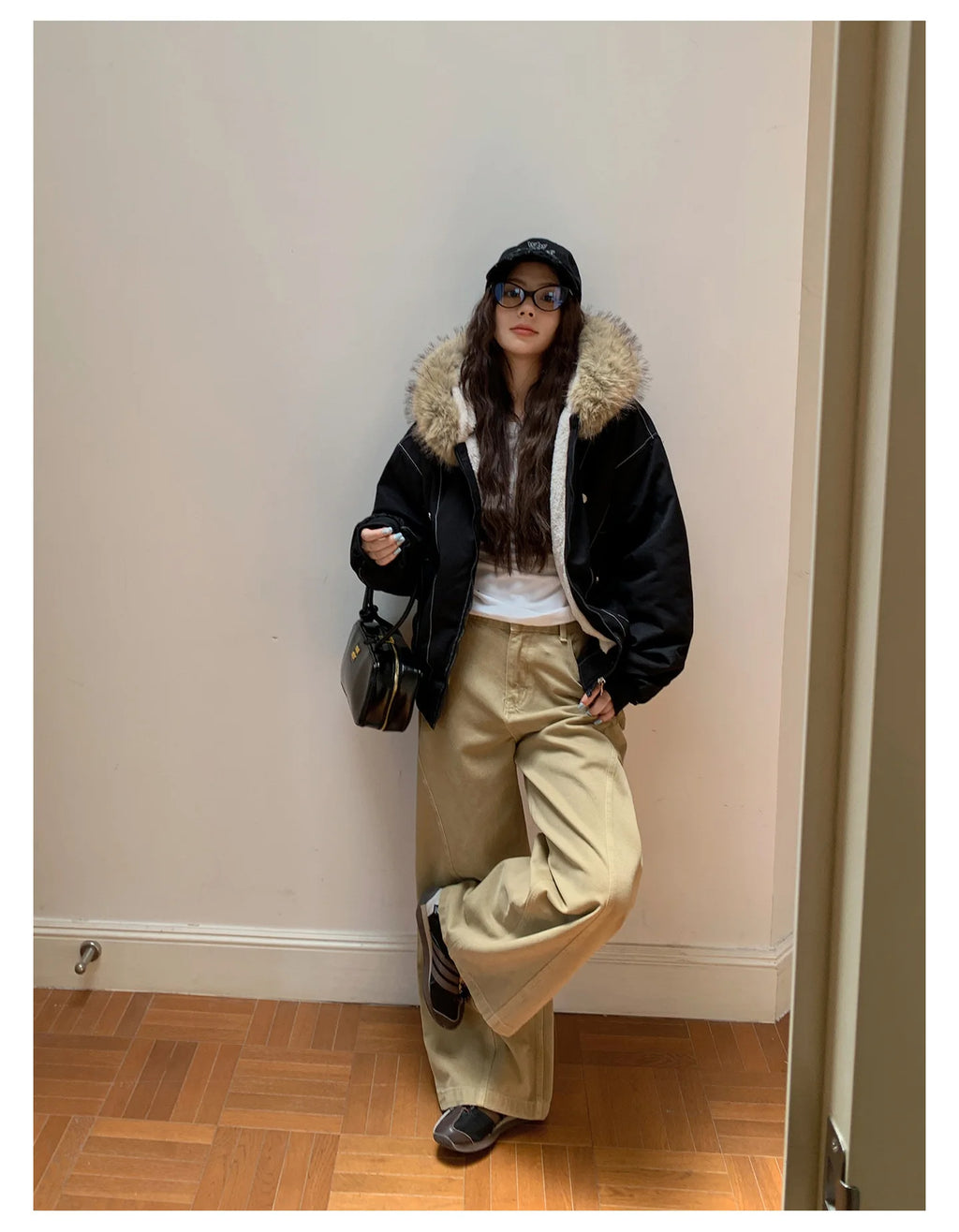Women Short Parkas Coat Solid Jacket Big Fur Collar Hooded Zipper Pocket Long Sleeve Loose Casual Office Lady 2025 Autumn Winter