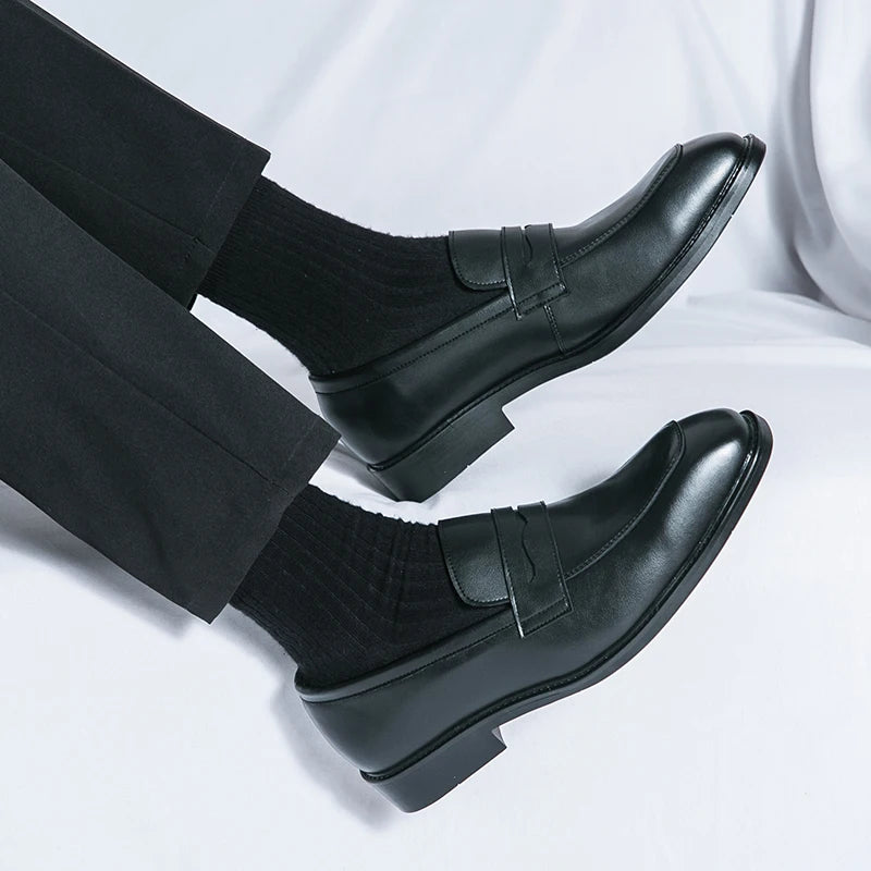 Fashion Penny Loafers Leather Men Shoes Simple Pointed Toe Slip On Dress Business Suit Casual Party Wedding Shoes For Man Brown