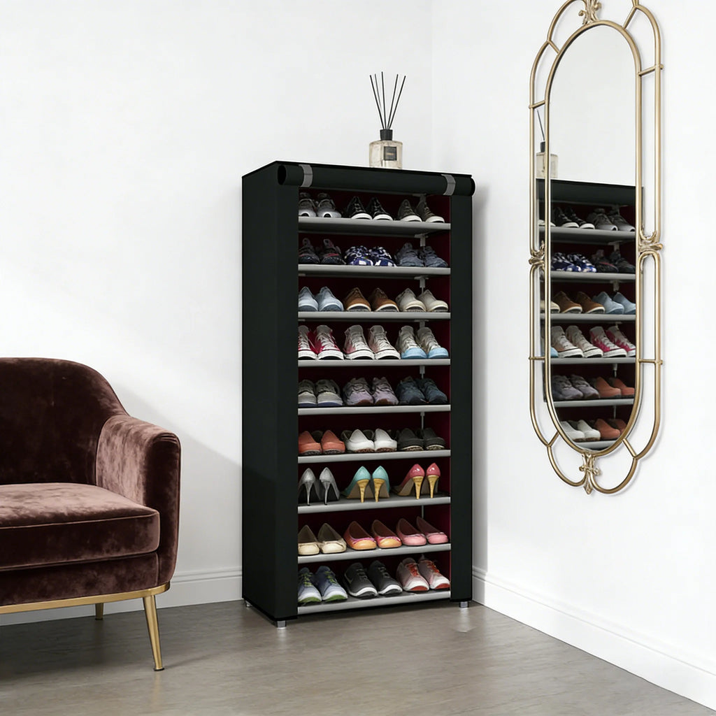 6-10 Tier Black Multi-Layer Shoe Rack, Equipped with a Dust-Proof Rolling Shutter Door, Easy to Assemble, Space-Saving Home Storage Cabinet, Suitable for Entryways, Hallways, Bedrooms, Living Rooms, Homes, Dormitories, Etc.