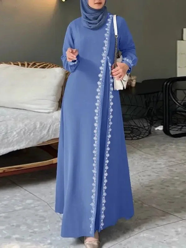 Women's Long Sleeve Lace Robe Muslim Bohemian Style Polyester Abaya Casual Ramadan Spring Vest for Adults Middle Age