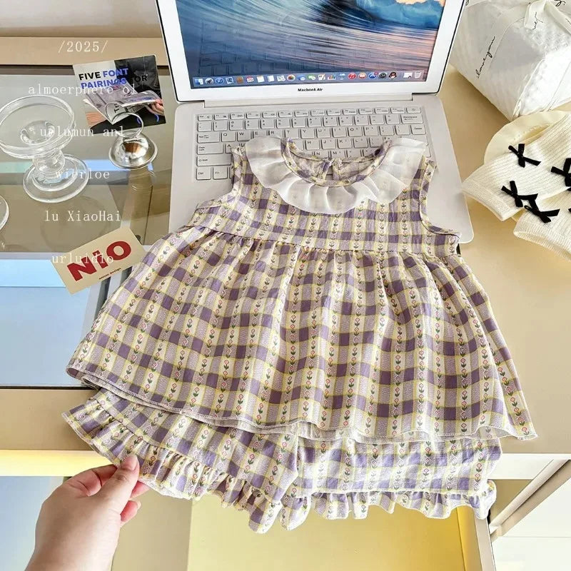 Two-Piece Set  Sleeveless Princess Dress with Floral Print, Summer Thin Outfit for Baby Girls Baby Girl Cute