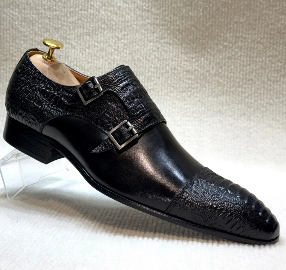 Men's Handmade Brown Monk Shoes Double Buckle Genuine Cow Leather Luxury Wedding Business Formal Basic Men's Footwear