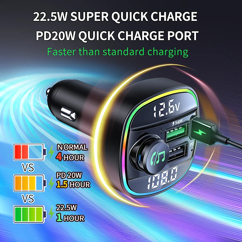 Bluetooth 5.0 FM Transmitter 22.5W USB Quick Charge Car Radio Modulator Handsfree MP3 Player with Car Adapter
