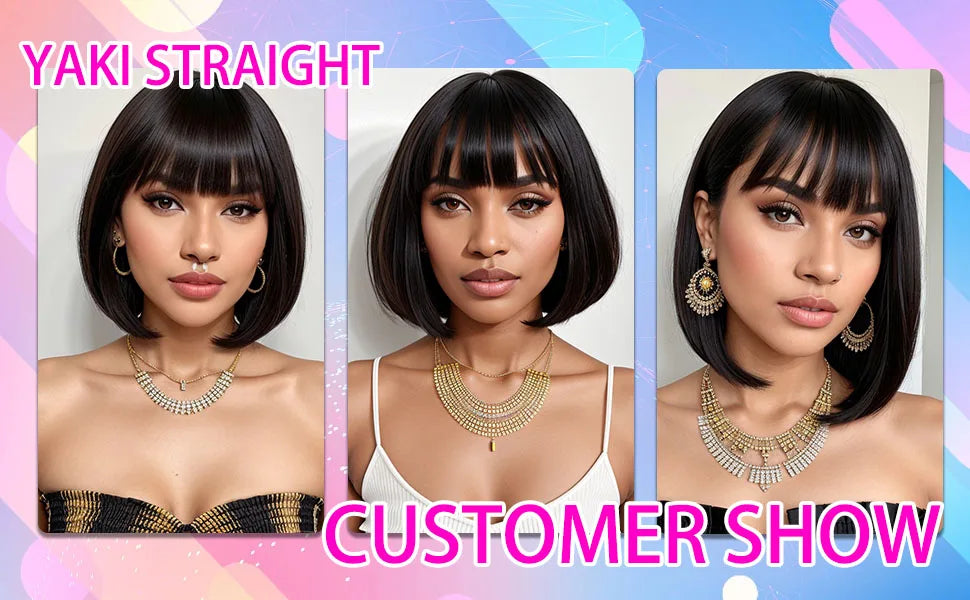 Short Bob Wig With Bangs Straight Human Hair Bob Glueless Wig Human Hair 180% Density Black Color Straight Bang Bob Wig For Women
