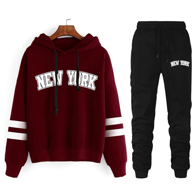 Women’s Hoodie & Jogger Tracksuit Set – Casual New York Print Outfit