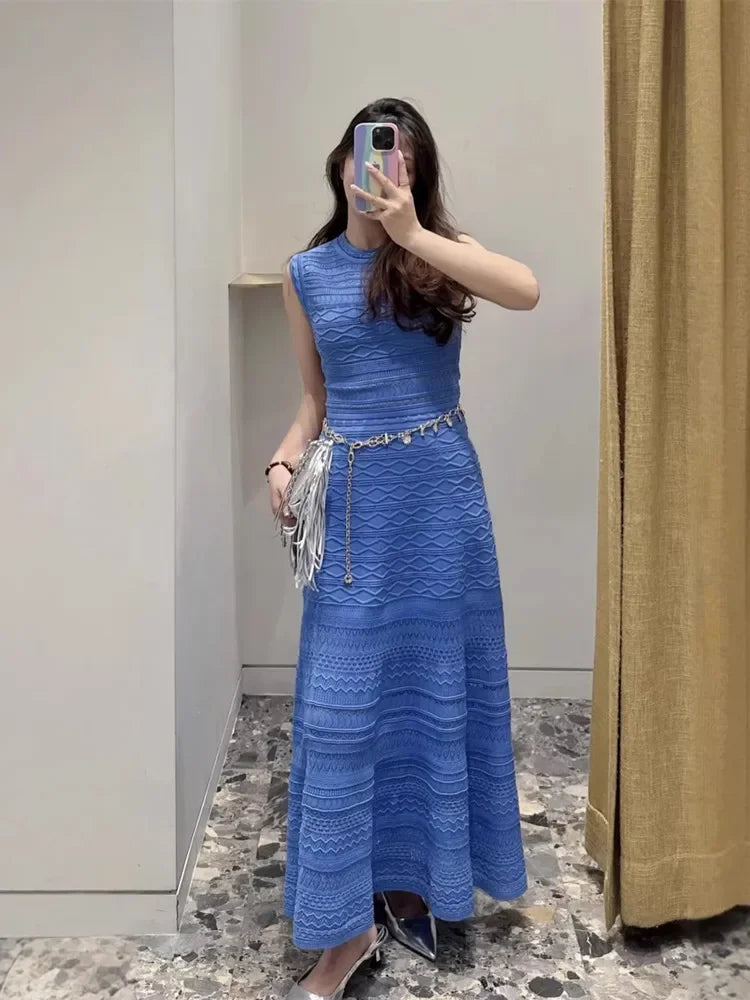 Women's Argyle Jacquard Knit Dress Sleeveless round Neck Midi Elegant Hollow out Lady A-Line Beach Style Spring New