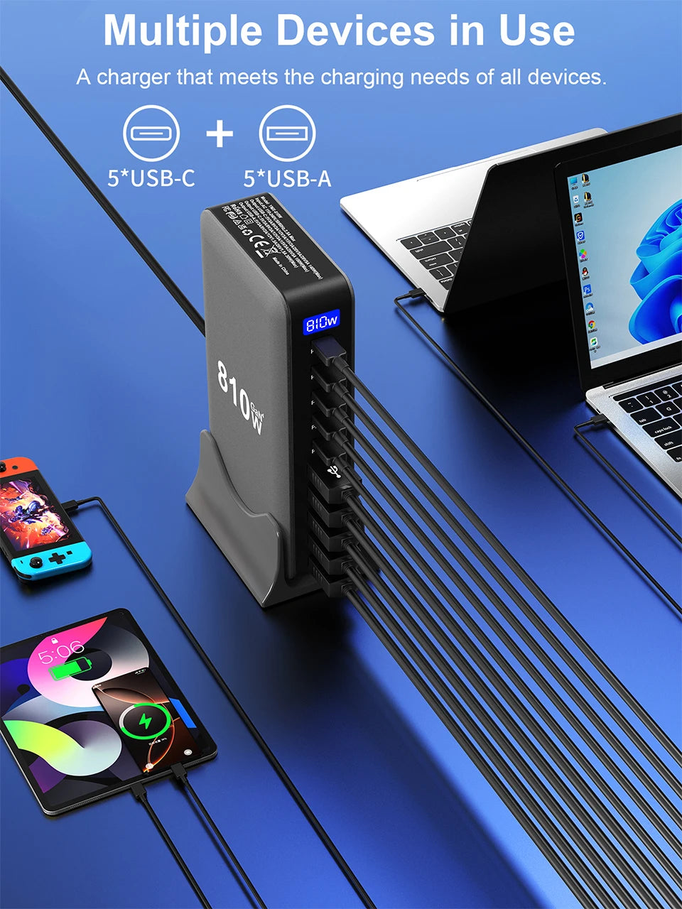 810W GaN Charger USB C Fast Desktop 10-port USB Type C PD3.1 Charger Fast Charging for iPhone Samsung Xiaomi Macbook