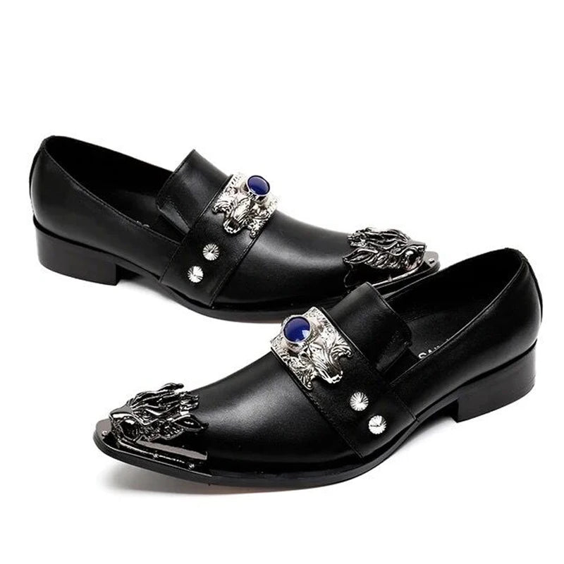Men's Shoes Italian Style Pointed Metal Toe Leather Dress Shoes Men Slip on Oxfords Shoes for Men's Party and Wedding