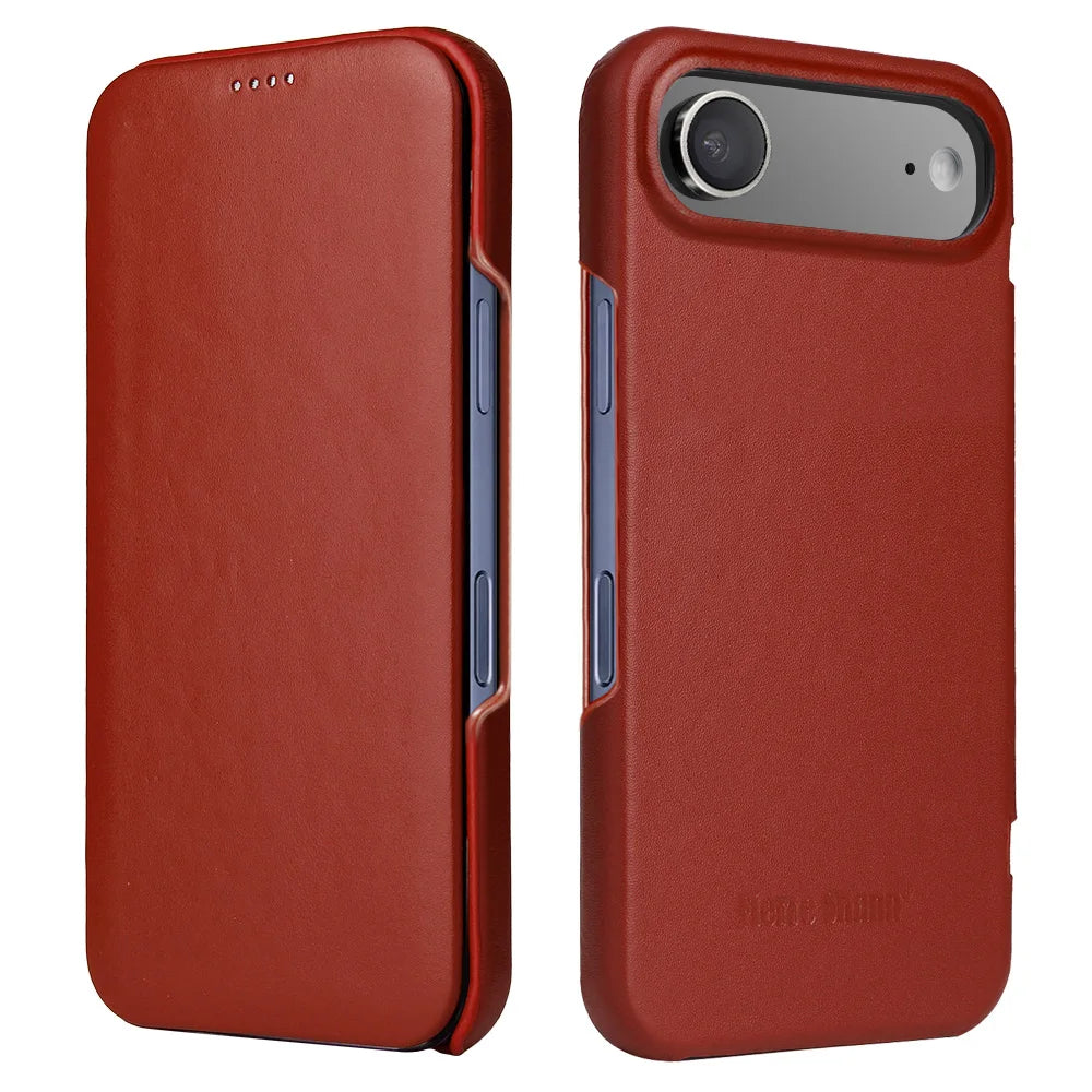 Premium Leather Flip Cover Mobile Phone Case For Apple iPhone 17 Pro Max Air iPhone17 Natural Cowhide Magnetic Button Open